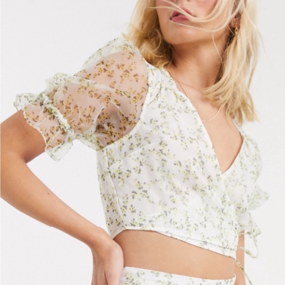 ASOS Organza Wrap Top in Sheer Yellow Floral 🆕